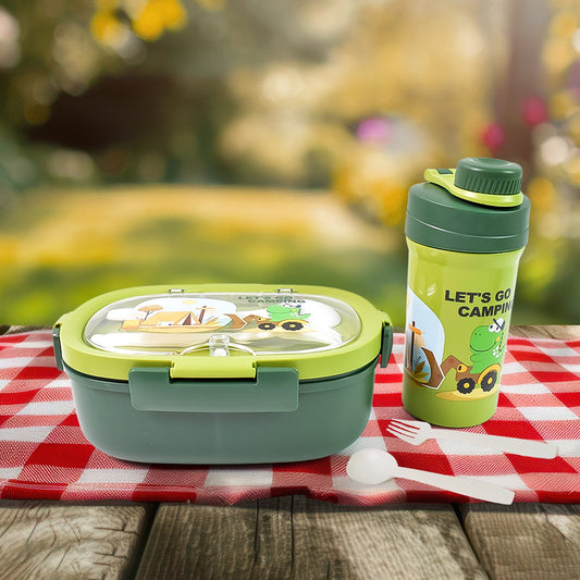 Plastic Lunch Box Leak Proof 3 Compartment With Bottle Spoon And Fork (1 Set) - JanakiShop.in